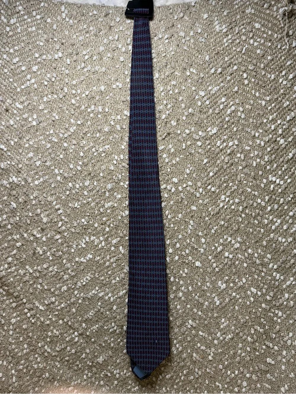 Celine Navy Blue and Burgundy Interlocking Pattern Silk Tie